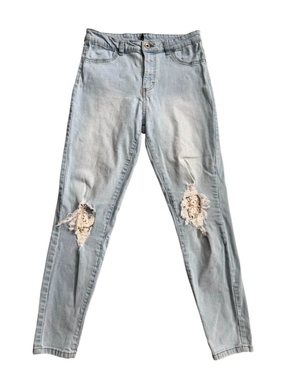 CALZEDONIA Distressed Lace Patch Light Wash Jeans Size Medium